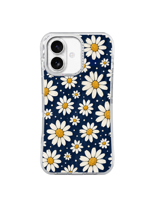 Clear iPhone 17 case with white daisies on a deep navy background