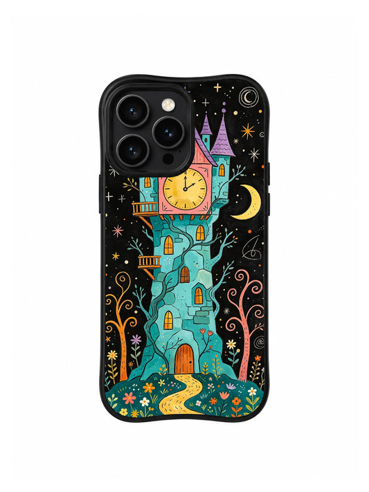 Black iPhone 13 Pro Max case with a turquoise fantasy clocktower, golden clock, crescent moon, and stars
