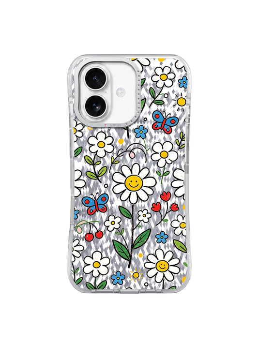 Clear iPhone 17 case with white daisies, yellow centers, small blue flowers, red hearts, and butterflies