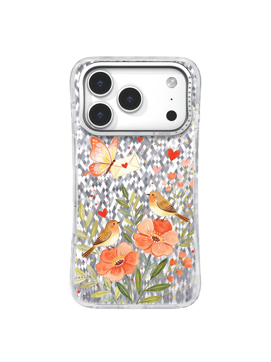 Butterfly, small birds, orange flowers, and tiny hearts on a clear iPhone 17 Pro case.