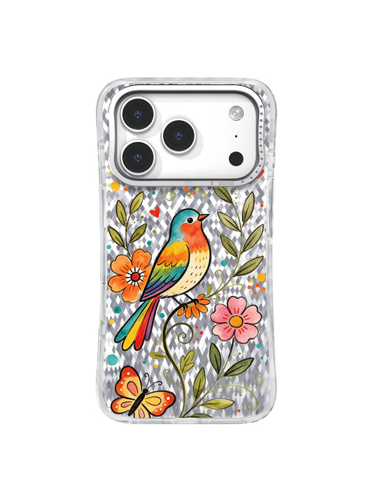 Rainbow Bird Floral Vine artwork gallery view 1 on an iPhone 17 Pro case