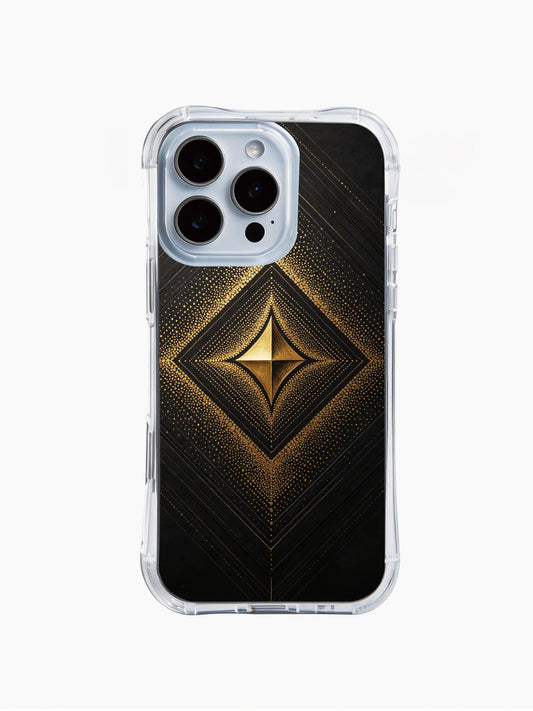 Clear iPhone 14 Pro Max case with a gold central diamond and fine radiating lines on black