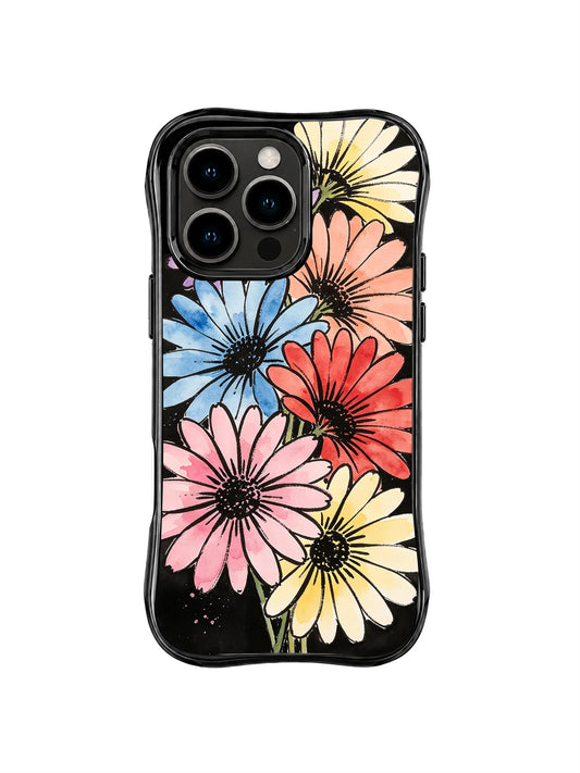 Pastel Daisy Chorus: Large pink, blue, red and cream daisies cluster on a black field.