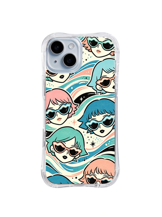 Clear iPhone 13 case with repeating cartoon faces in black sunglasses and coral, aqua, cream, and blue hair among flowing turquoise ribbons