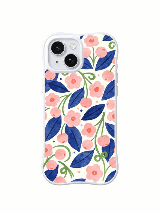 Clear iPhone 14 case with repeating coral-pink blossoms, navy leaves, pale-pink berries, and green curling stems on white