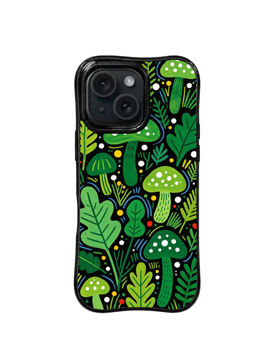 Black iPhone 15 Pro case with bright green leaves, spotted mushrooms, small red berries, and white dots