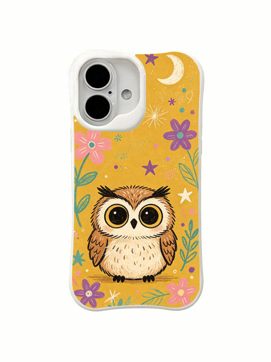 Clear iPhone 16 Plus case with a wide-eyed cream owl, crescent moon, stars, and pink-purple flowers on mustard yellow