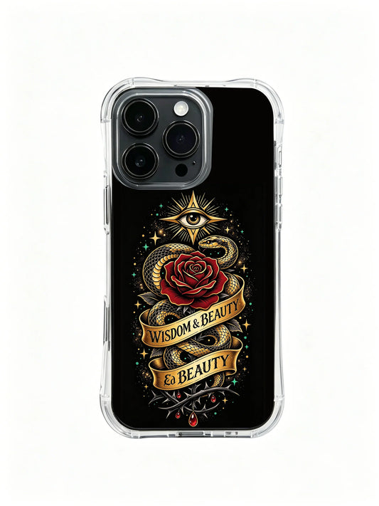 Clear iPhone 14 case with a red rose, coiled gold serpent, watchful eye, stars, and Wisdom and Beauty banners on black
