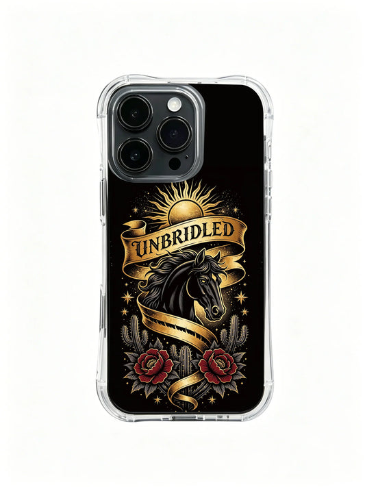 Clear iPhone 14 case with a black horse portrait, gold Unbridled banner, sunburst, and red roses