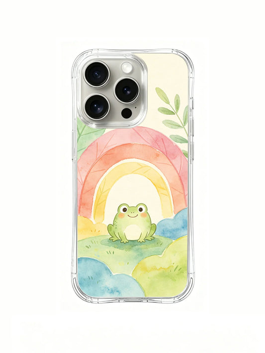 Clear iPhone case with a small green frog beneath a coral-and-yellow rainbow among pastel hills