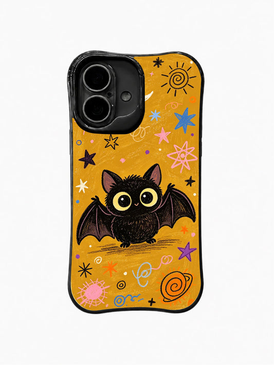 Black-edged iPhone 16 Plus case with a wide-eyed black bat spreading its wings among colorful stars, suns, flowers, and spirals on orange
