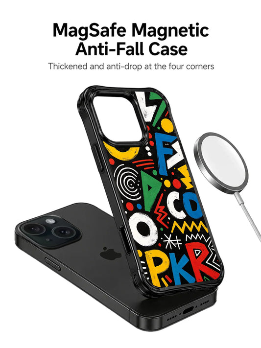 Colorful letter-and-shape graffiti iPhone case shown beside a magnetic charging accessory