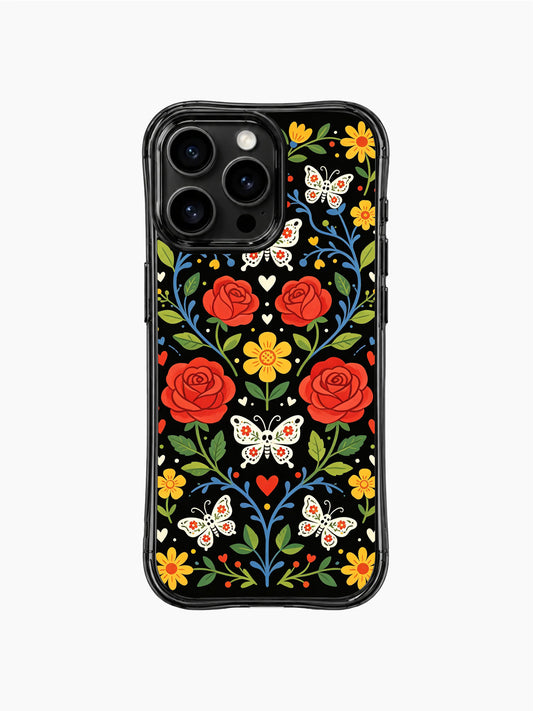 Aesthetic iPhone 16 Pro Max Case with blue vines butterflies and red roses