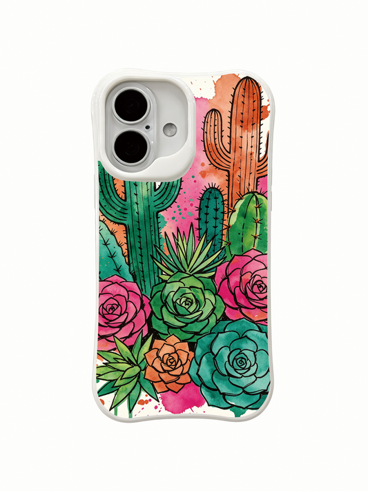 Clear iPhone 16 case with tall orange and green cacti above a dense garden of colorful succulents