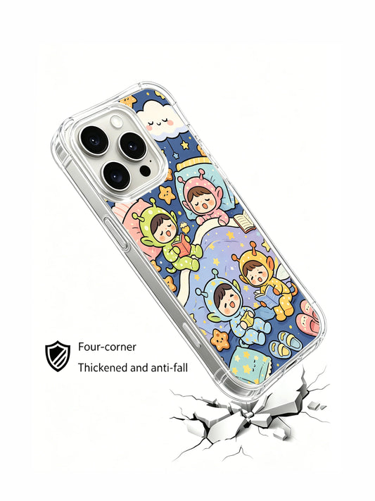Cartoon alien kids iPhone 16 Pro Case with pajama party illustration and cute character art