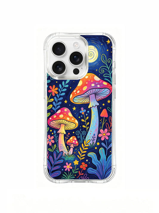 Clear iPhone case with glowing mushrooms, colorful flowers, and a starry blue night scene