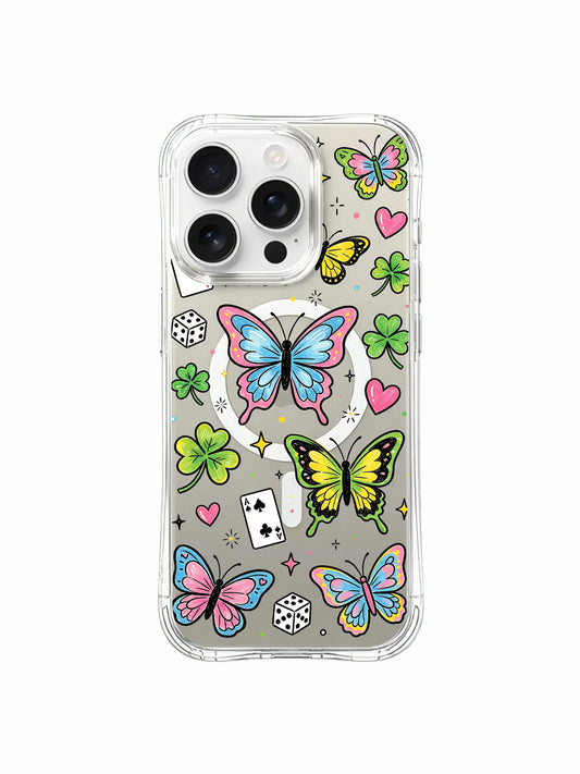 Colorful butterfly, clover, heart, card, and dice artwork on an iPhone 16 Pro Max case.