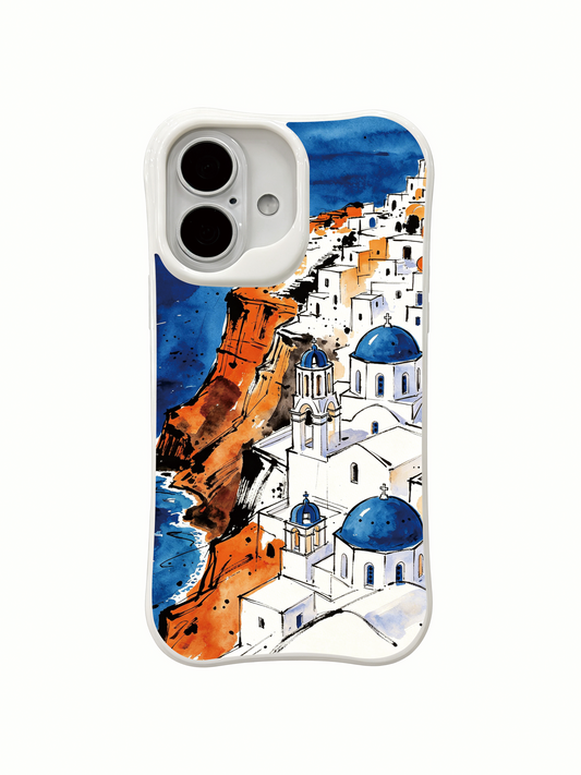 White iPhone 16 case with a painted Santorini cliffside, blue domes, white buildings, and deep blue sea