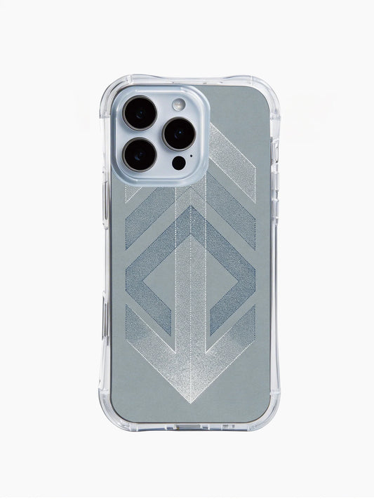 Clear iPhone 14 Pro Max case with a restrained silver-gray geometric arrow pattern