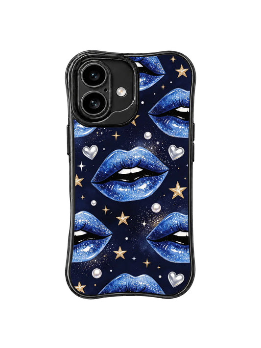 Black iPhone 16 case with repeating glitter-like blue lips, small gold stars, silver-tone hearts, white dots, and tiny sparkles
