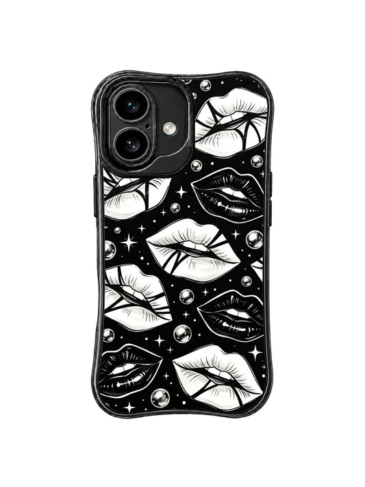 Black iPhone 16 case with repeating white and black lips, striped highlights, small stars, dots, and gem-like circular accents