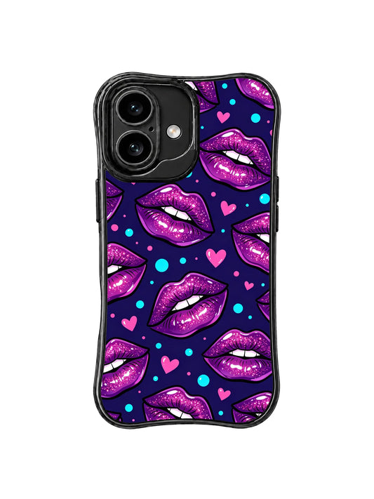 Sparkling purple lips, pink hearts, and cyan dots on a navy iPhone 16 case.
