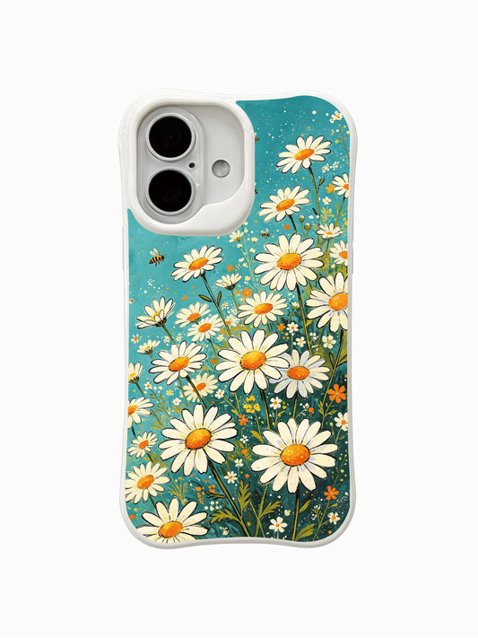 White daisies with yellow centers on a teal iPhone 16 Plus case.
