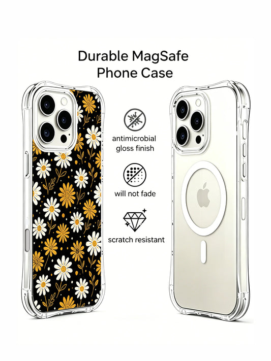 High contrast iPhone 16 Pro Max Case with black gold daisy pattern