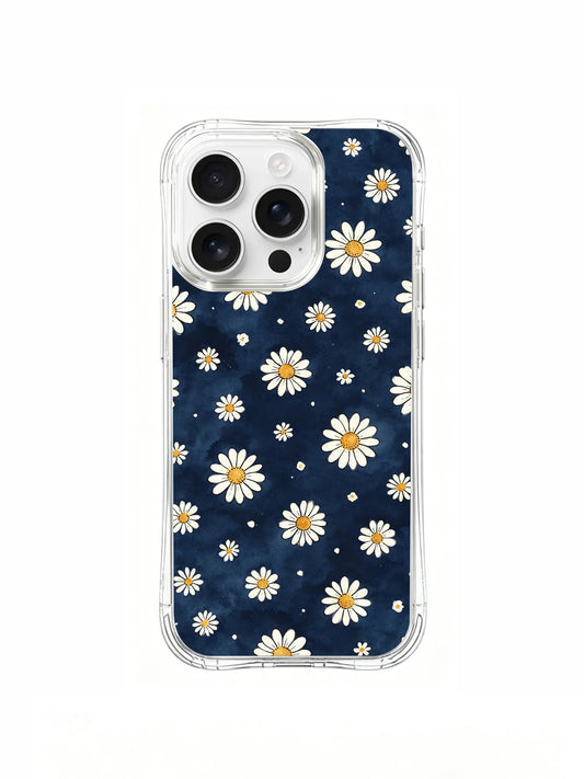 White daisies scattered across a dark navy iPhone 16 Pro Max case.