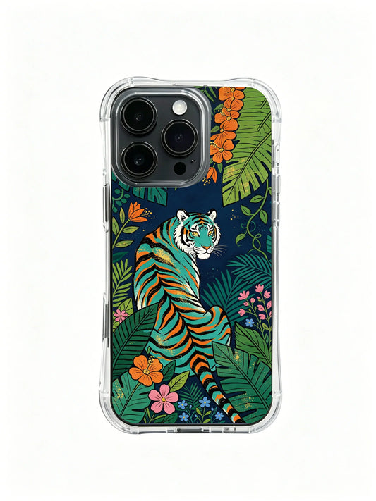 Clear iPhone case with a teal-and-orange striped tiger among dark tropical leaves and bright flowers