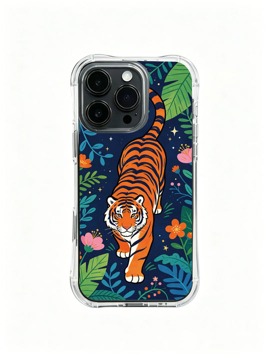 Clear iPhone 13 Pro case with a tiger among tropical leaves and small flowers on a deep blue background