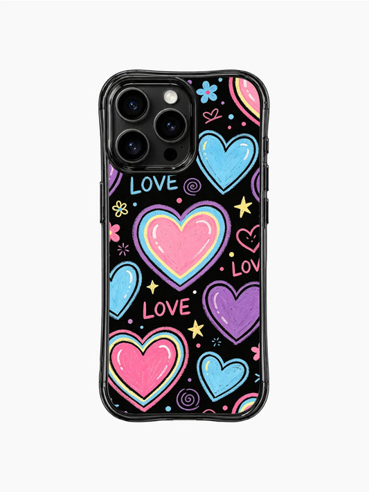 Pink, blue, and purple heart doodles on a black iPhone 13 Pro Max case.