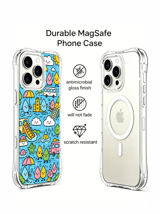 Cute iPhone 16 Pro Case with Kawaii Raindrop Doodles