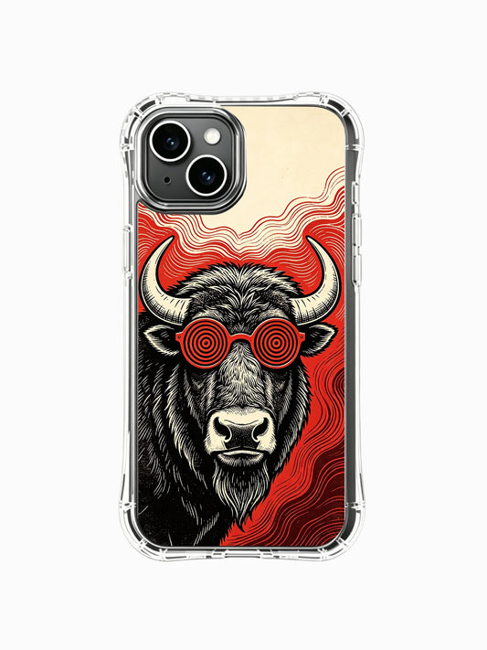 Clear iPhone 13 case with a black bison wearing red spiral glasses against a red wave background