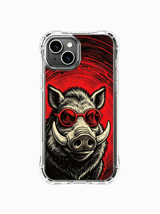Clear iPhone 13 case with a black wild boar portrait, red spiral glasses, and red-and-black wave lines