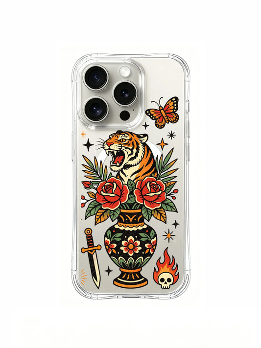 PhoneCasing iPhone 15 pro Case featuring Ruby Blackthorn old school roaring tiger in ornate vase tattoo print, single