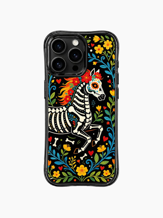 Black iPhone case with a white skeletal horse, orange mane, and dense blue, red, yellow, and green floral motifs
