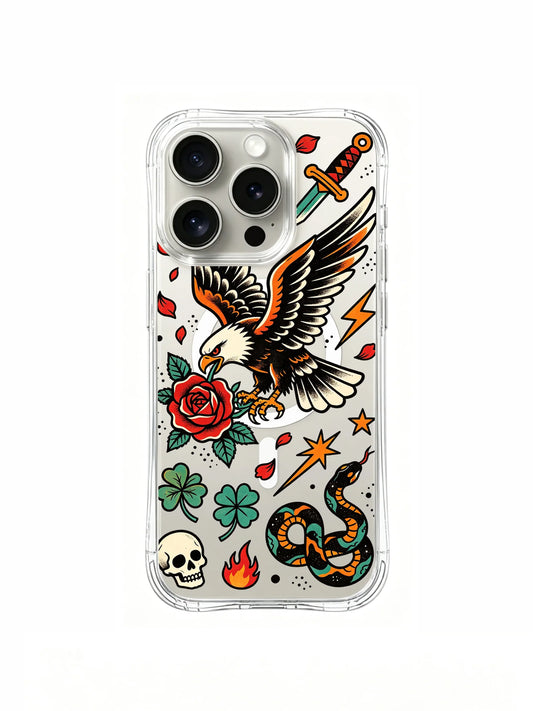 Spread wing eagle with rose petals, lightning, skull and snake artwork on an iPhone 15 Pro case