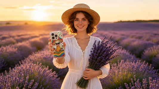 A luxury smartphone wearing a retro-futurism aesthetic phone case with vibrant neon space nebulae and an astronaut silhouette by artist Astro Vance.