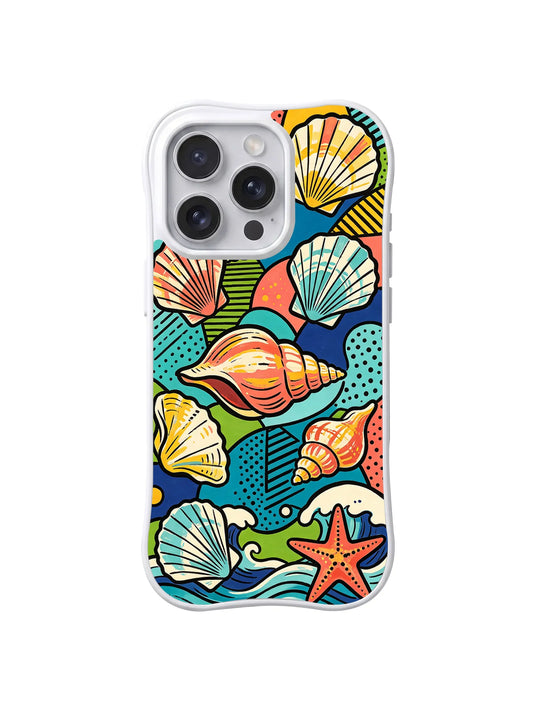 Clear iPhone 13 Pro Max case with large orange, yellow, teal, and pink seashells, a starfish, and blue waves