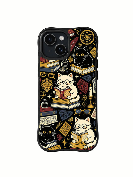 Black iPhone 15 case with white and black cats reading among stacked books, shelves, stars, and gold celestial symbols