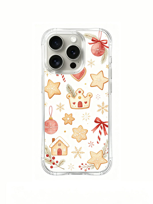 Clear iPhone 14 Pro case with gingerbread cookies, stars, a crown, cottage, red bows, ornaments, and snowflakes