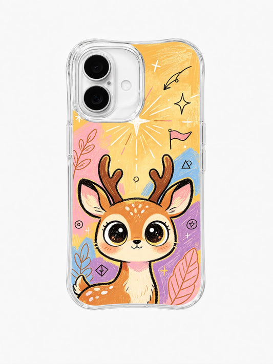Clear iPhone 16 Plus case with a wide-eyed spotted deer, small antlers, pastel leaves, stars, sparkles, and a crescent moon