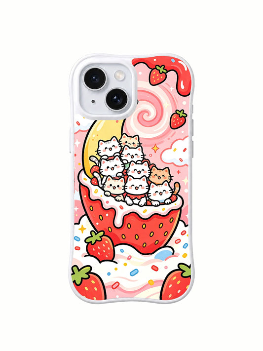 Clear iPhone 15 case with a bowl of tiny white kittens, strawberries, pink cream, sprinkles, and a candy swirl
