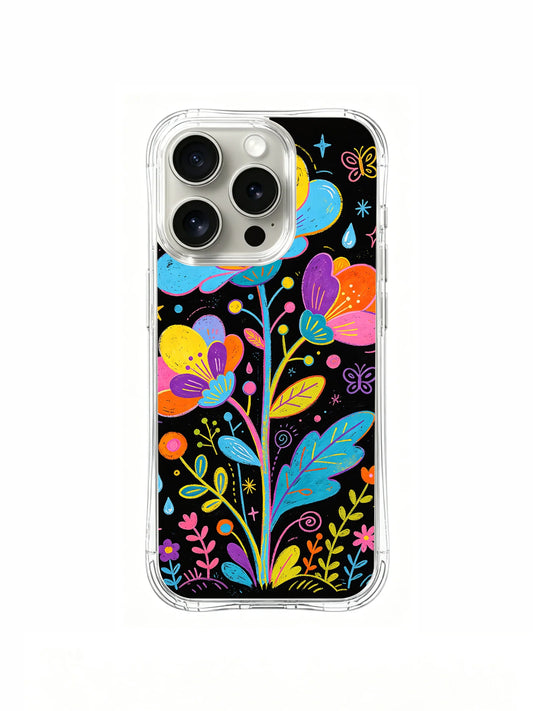 Colorful hand drawn Tiny Joy Garden floral art iPhone 15 Pro case front view