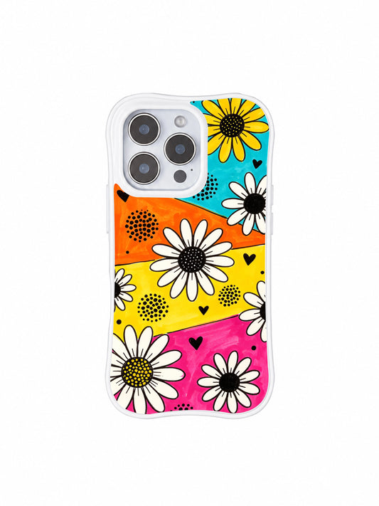 Ruby Daze Daisy Love Carnival Wavy White Frame MagSafe iPhone 16 Pro Case | Retro Carnival Bold Cyan Orange Yellow Pink Diagonal Block Daisy Heart Dot Vibrant Pop Art Casing by PhoneCasing