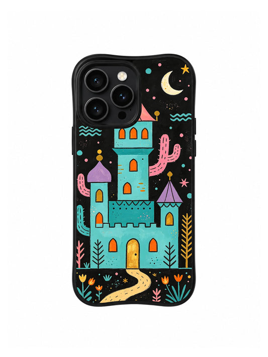 The Cactus Moon Caravan Palace: A turquoise keep with a high square lookout, pink cacti and small lavender turrets beneath a pale crescent.