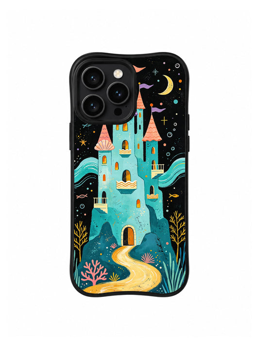 The Tidal Castle Beneath Two Moons: Tall turquoise towers with coral pointed roofs, a golden winding shore and wave ribbons at both sides.
