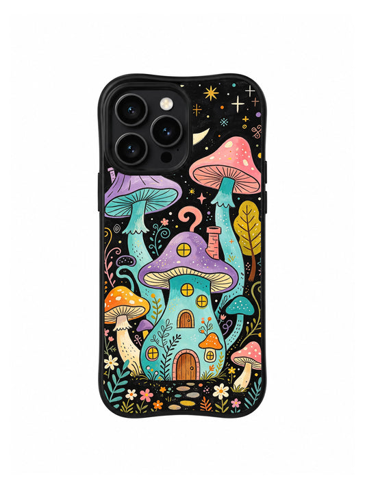 The Secret Mushroom Moon Village: A turquoise house with a purple cap and coral chimney beneath two towering mushrooms.