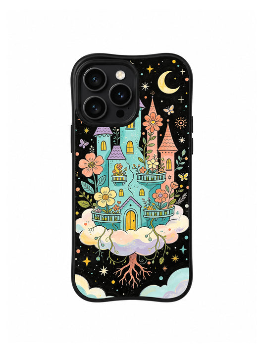 The Floating Garden Castle: A flower-covered turquoise castle on a soft cloud base with a compact tuft of pink roots below.